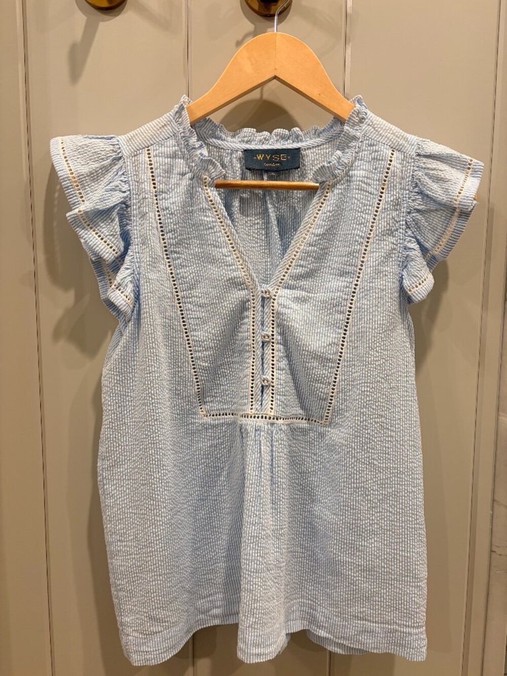 Wyse Women’s blue & white striped flutter sleeve blouse